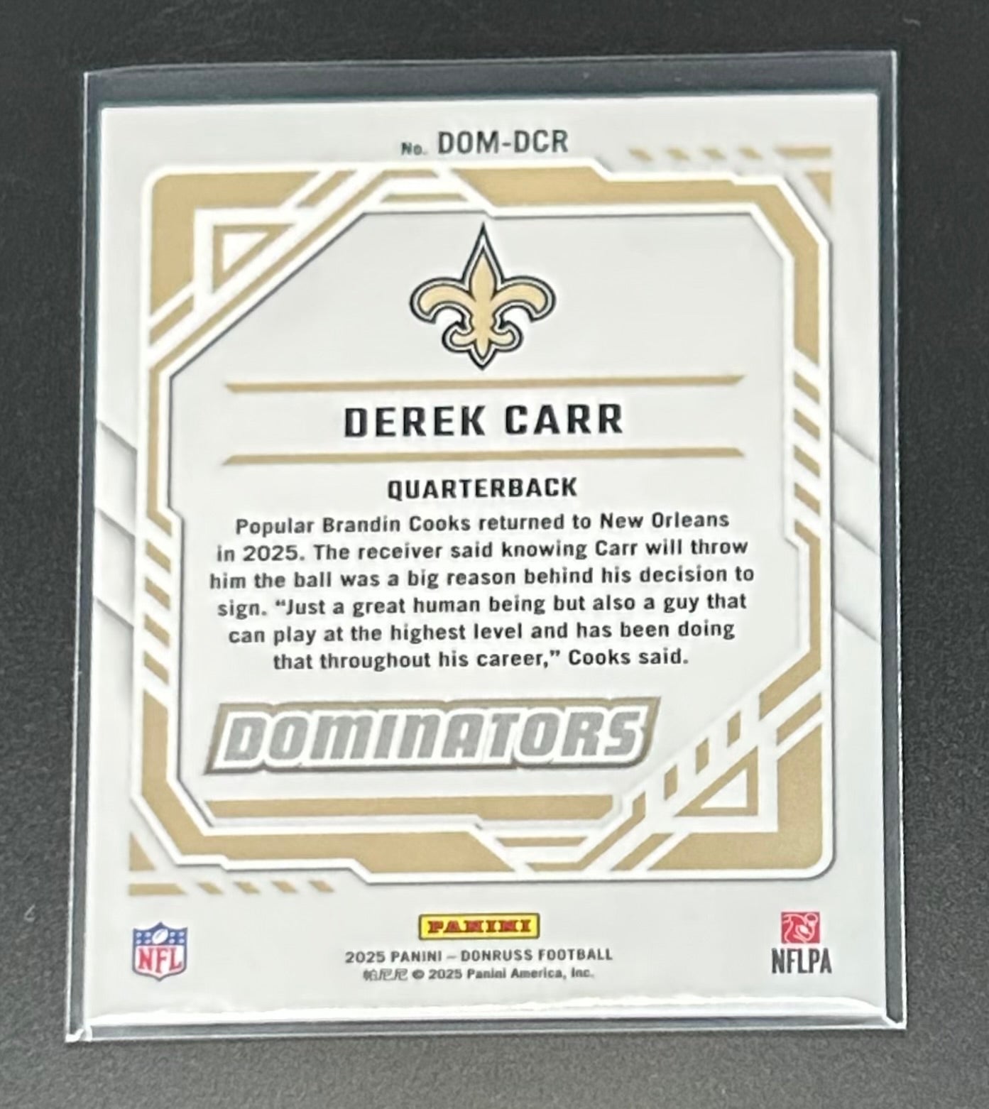 2025 Panini Donruss Football Dominators Derek Carr — Quarterback Collectible Card
