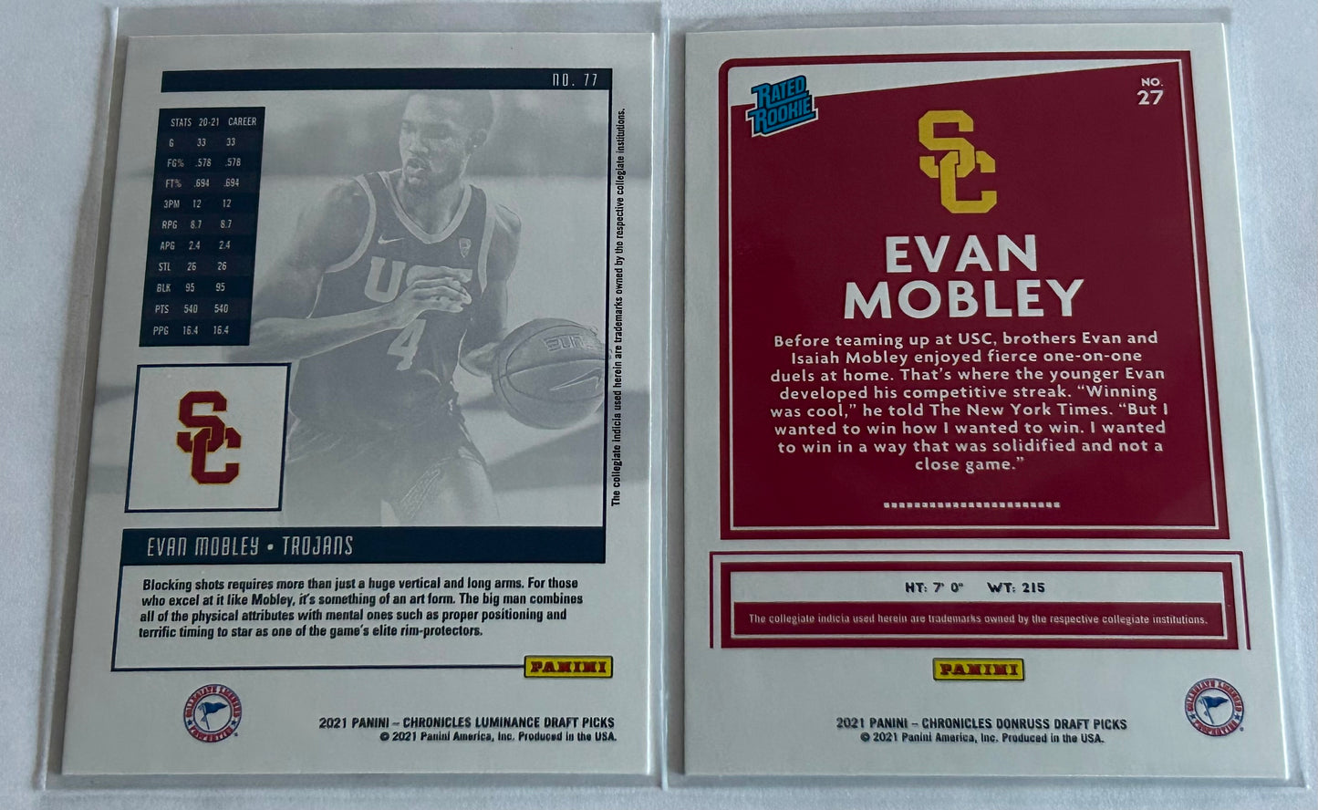 2021 Evan Mobley Panini Two Card Rookie Bronze Parallel Lot