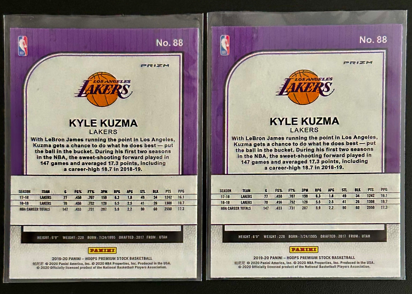 2019-2020 Panini Hoops Premium Stock Basketball Kyle Kuzma 2 card collection
