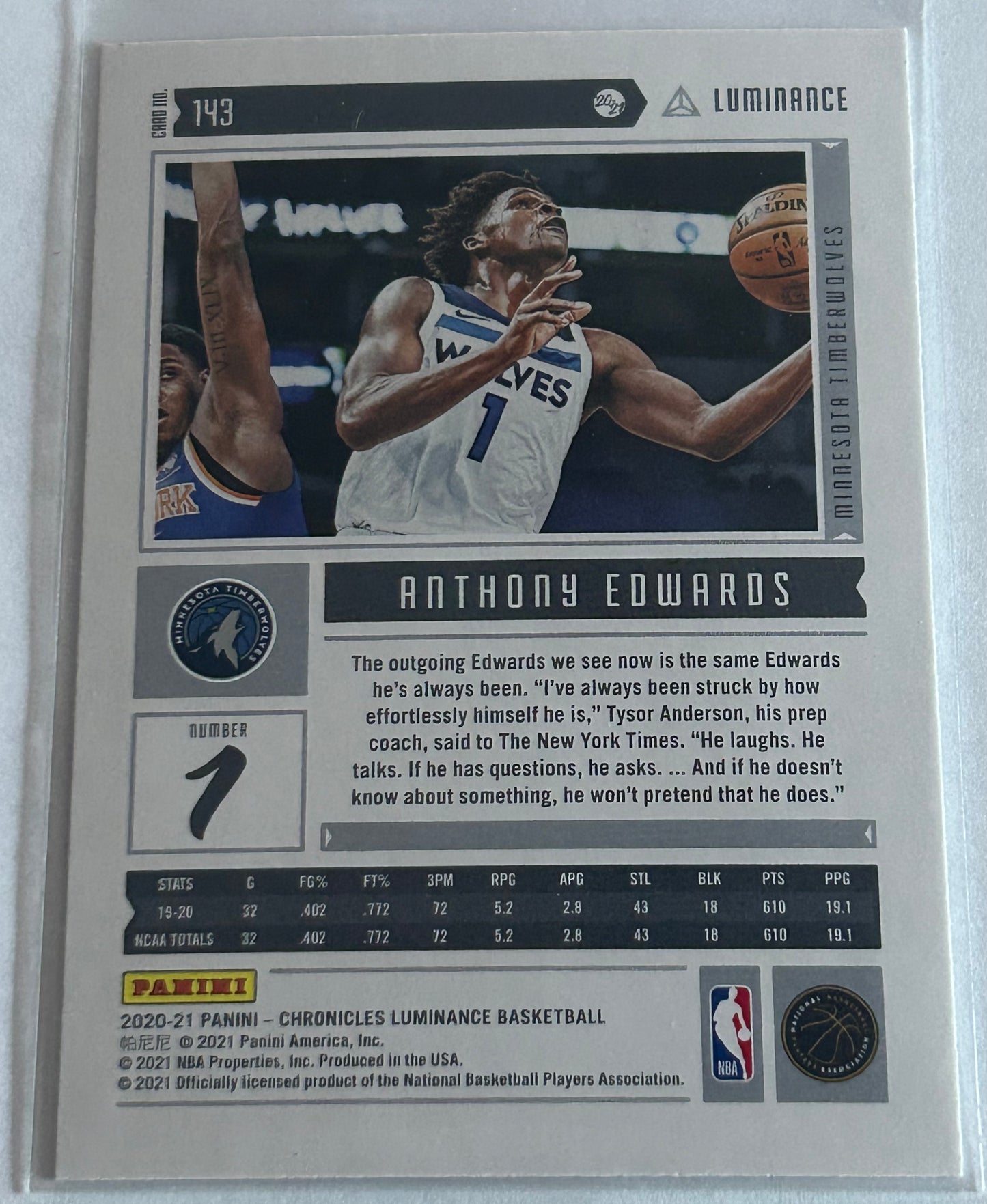 2020-2021 Panini Chronicles Luminance Anthony Edwards Green Parallel.