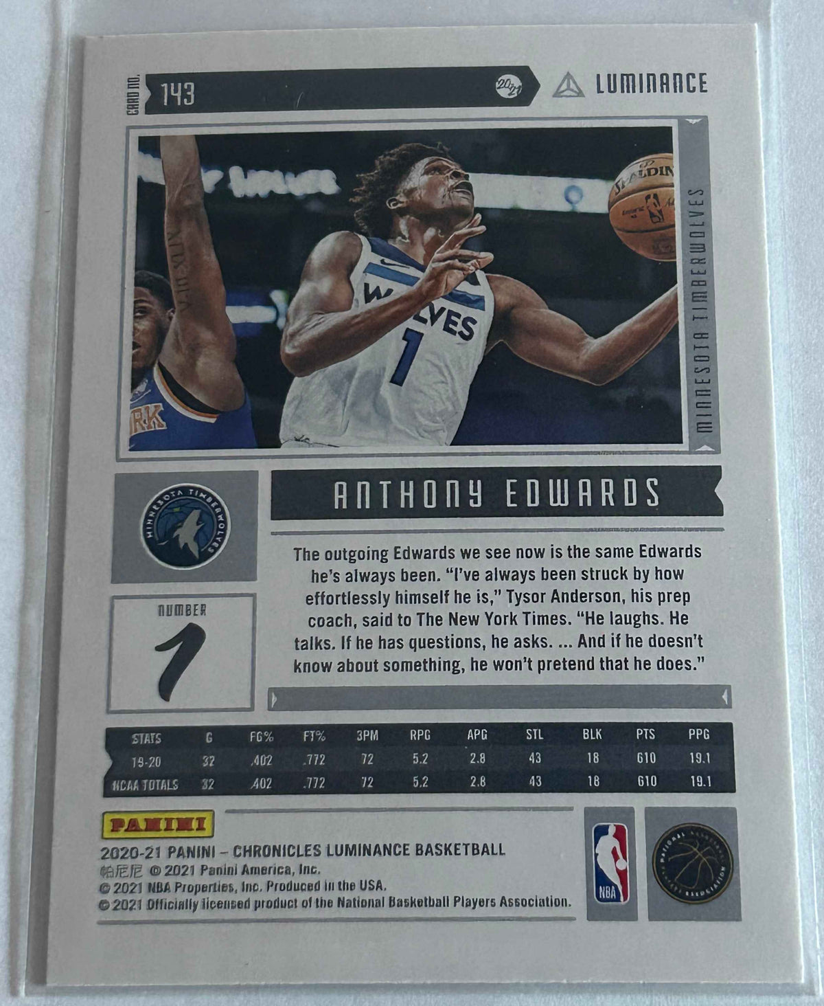2020-2021 Panini Chronicles Luminance Anthony Edwards Green Parallel.