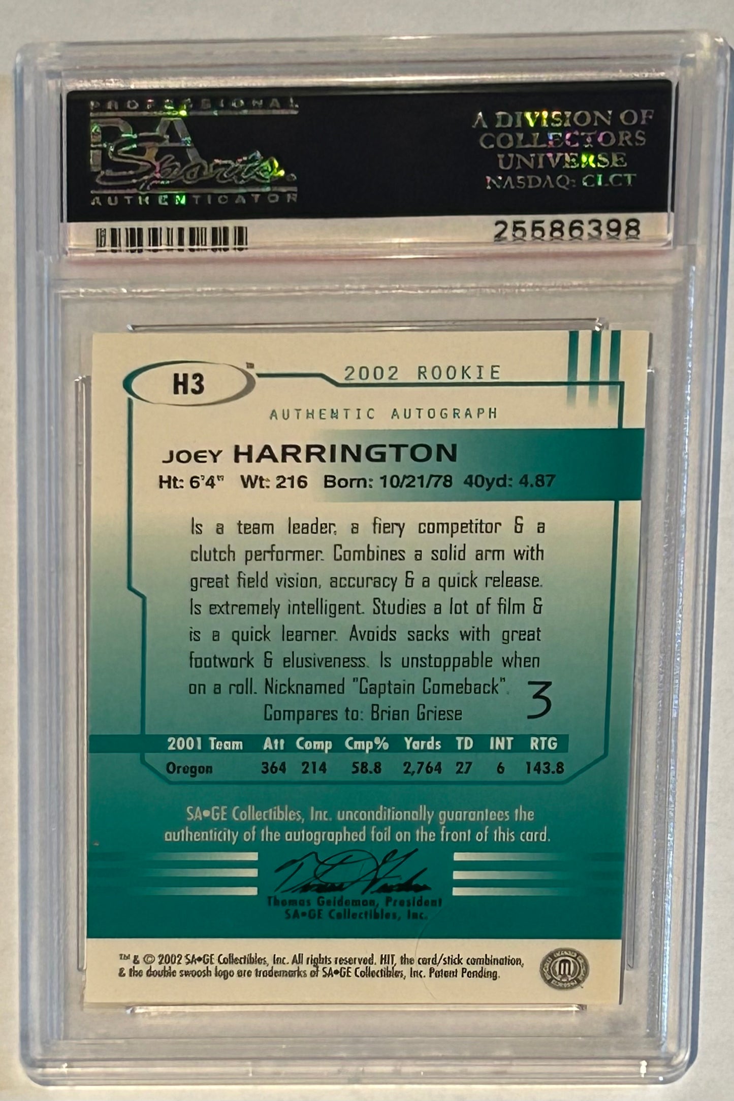 2002 Sage Joey Harrington Autographs Gold /250 PSA Graded 10