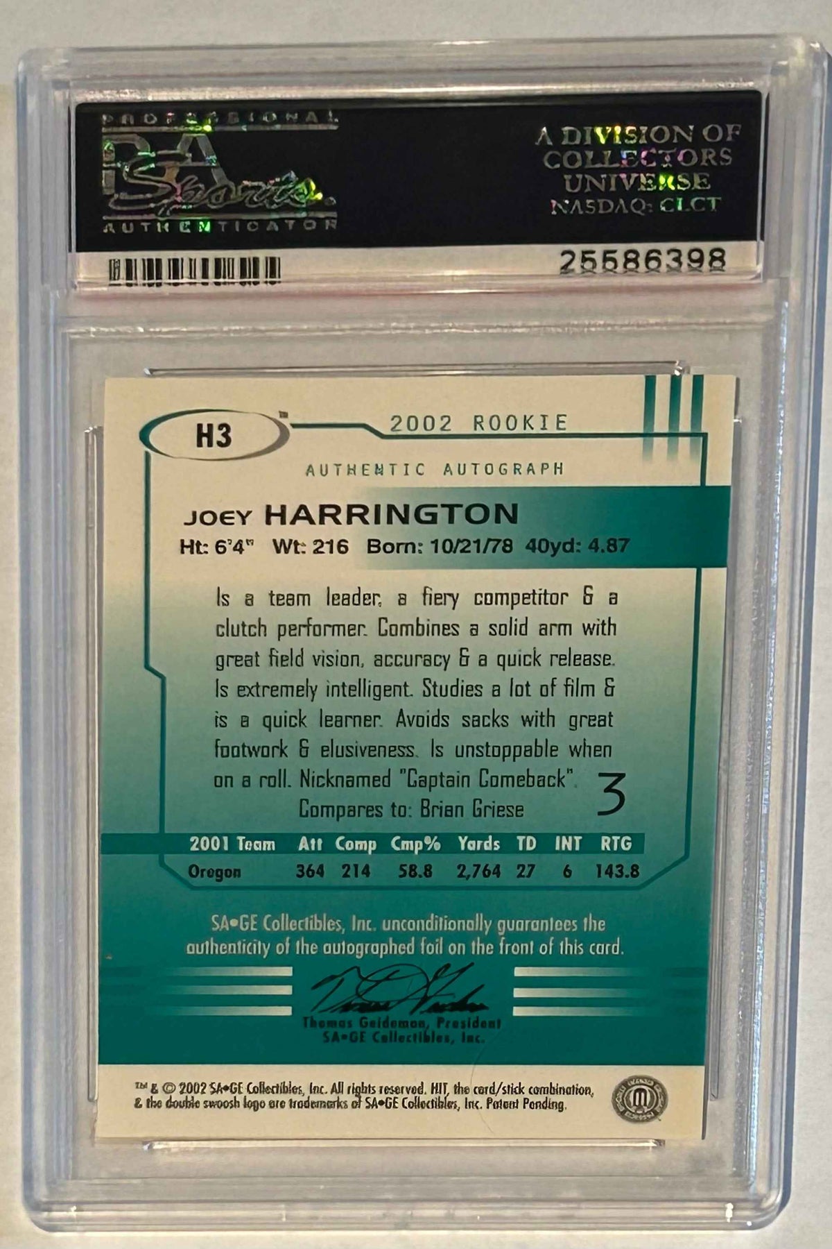 2002 Sage Joey Harrington Autographs Gold /250 PSA Graded 10