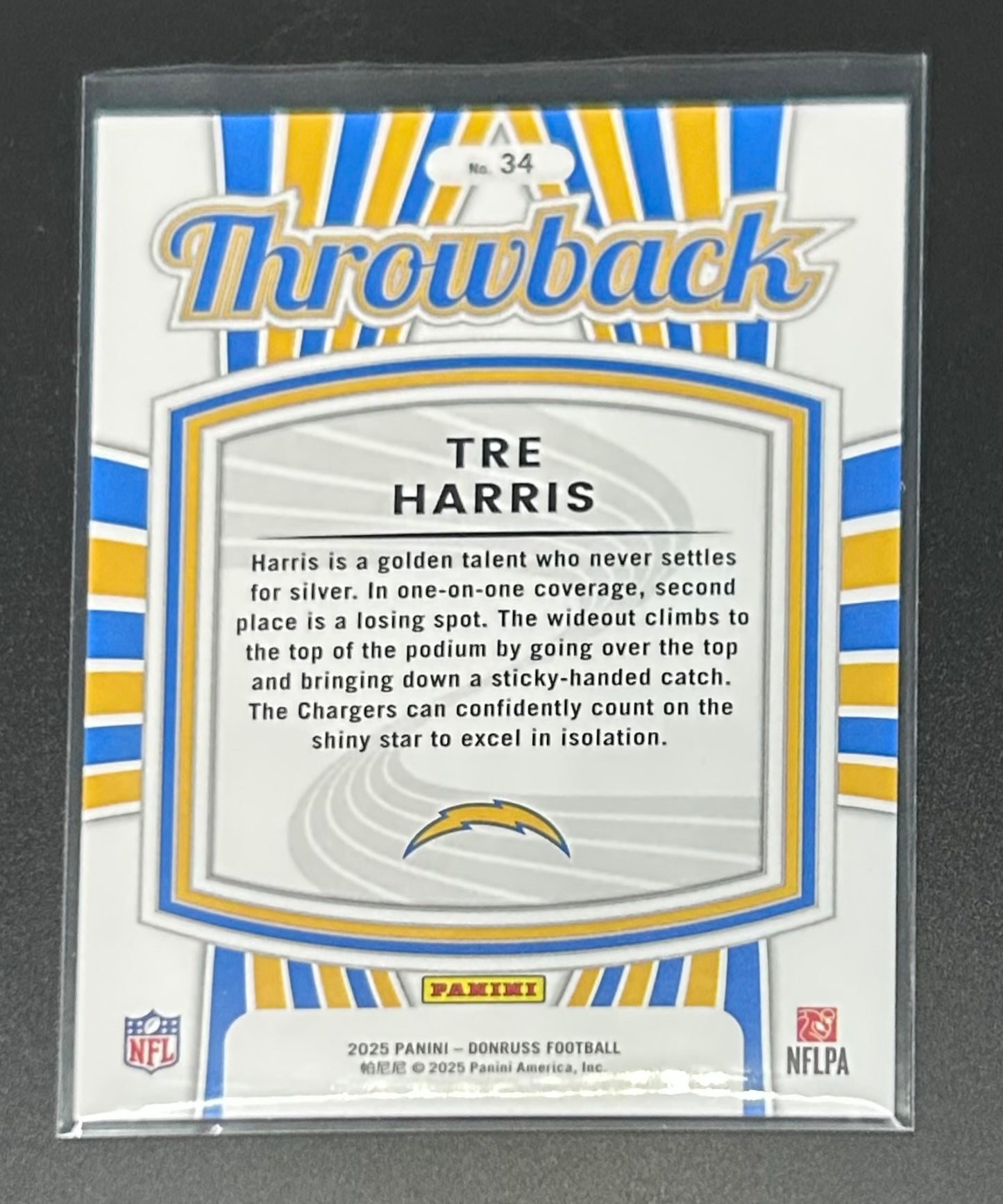 2025 Panini Donruss Rated Rookies Throwback Tre Harris #34 — Chargers Rookie Card