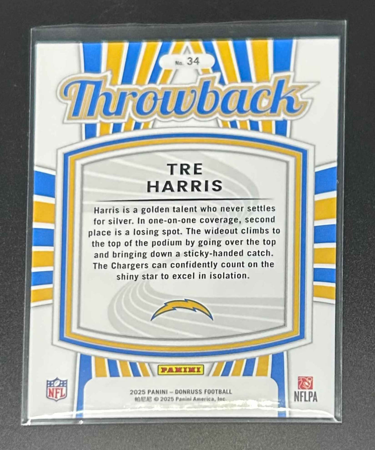 2025 Panini Donruss Rated Rookies Throwback Tre Harris #34 — Chargers Rookie Card