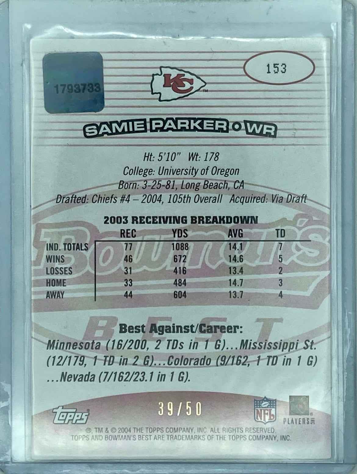 2004 Samie Parker RC – Kansas City Chiefs Autograph Numbered Rookie Card