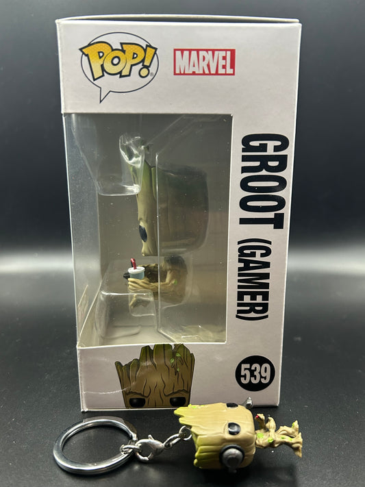 Gamer Groot 539 Funko Pop and Mini key chain GameStop Exclusive