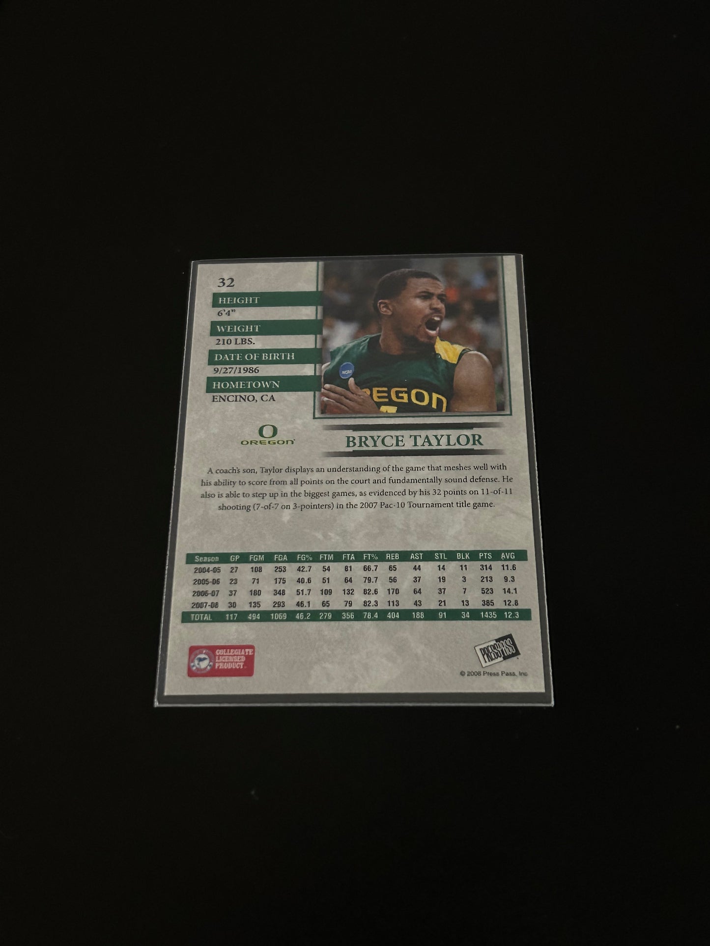 2008 Press Pass Bryce Taylor Oregon Ducks #/250 number 2