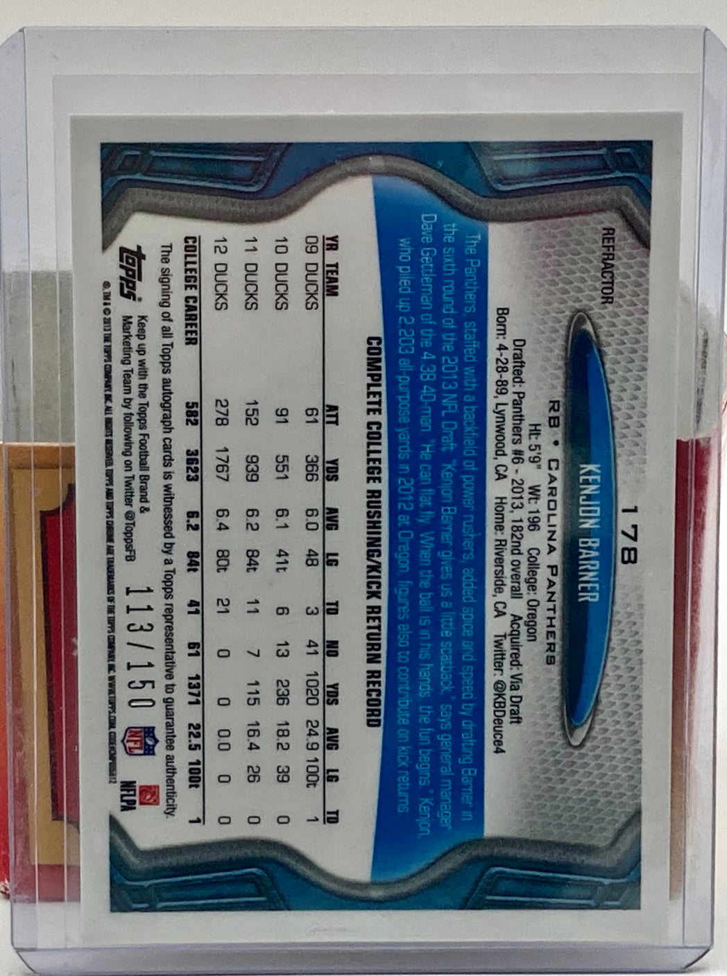 2013 Topps Chrome Kenyon Barner Numbered,Autographed And Rookie Card