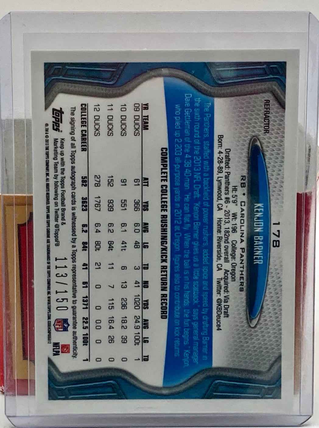 2013 Topps Chrome Kenjon Barner Numbered,Autographed And Rookie Card