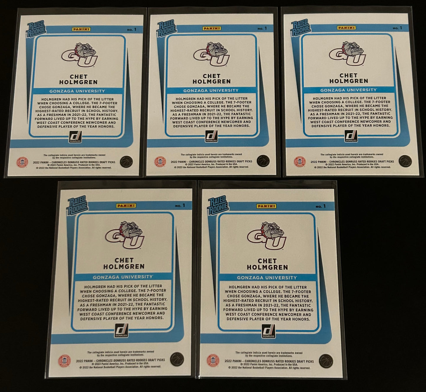 2022 Panini Chronicles Donruss Rated Rookie Draft Picks 5 Card Chet Holmgren Lot