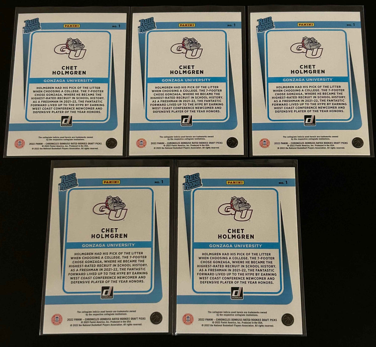 2022 Panini Chronicles Donruss Rated Rookie Draft Picks 5 Card Chet Holmgren Lot