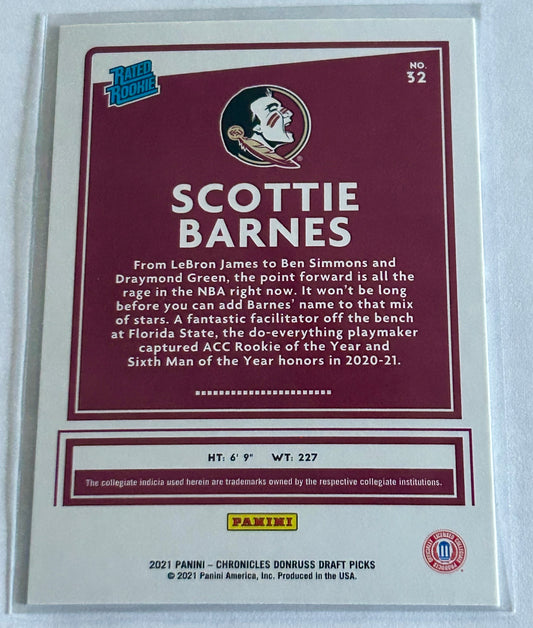 2021-22 Panini Chronicles Draft Picks Donruss Rated Rookie #32 Scottie Barnes