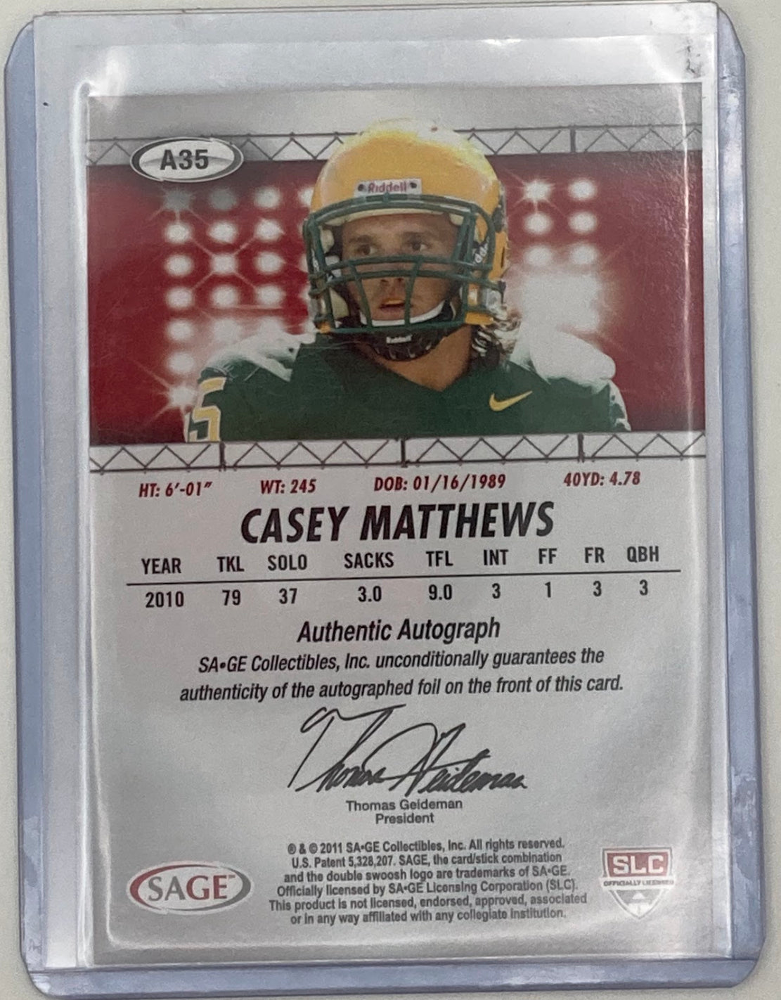 2011 Sage Clay Matthews Autographed