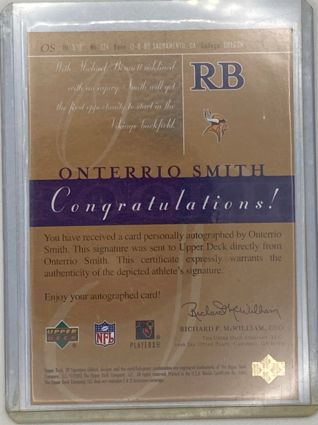 2003 SP Signature Onterrio Smith Autographed