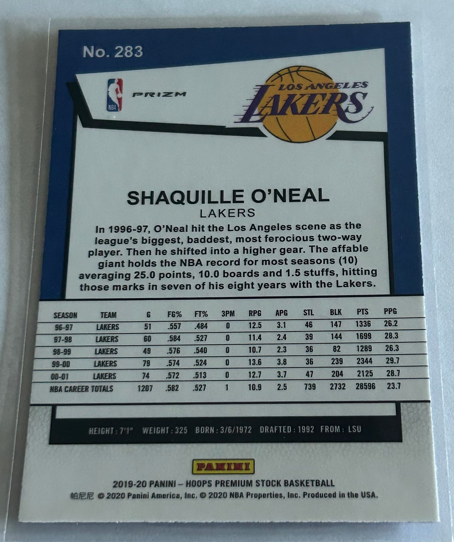 2019-20 Panini NBA Hoops Premium Stock Shaquille O’Neal Purple Disco Tribute Card