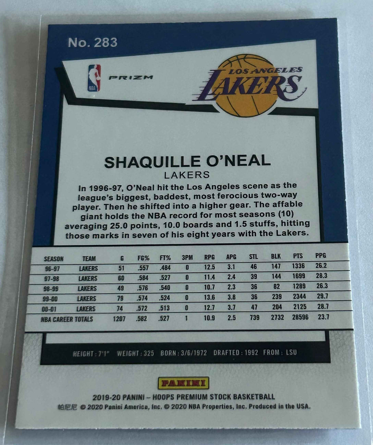 2019-20 Panini NBA Hoops Premium Stock Shaquille O’Neal Purple Disco Tribute Card