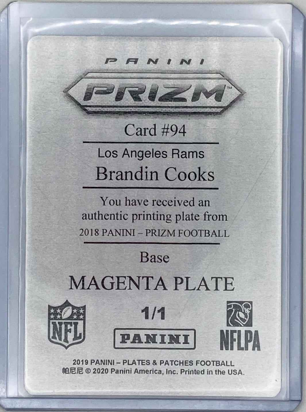 2018 Panini Prizm Brandin Cooks 1-of-1 Printing Plate – Football Card