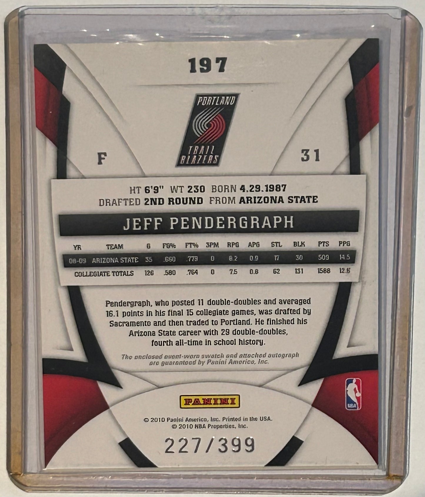 2010 Panini Jeff Pendageaph Rookie Card, Autographed, and Numbered/399