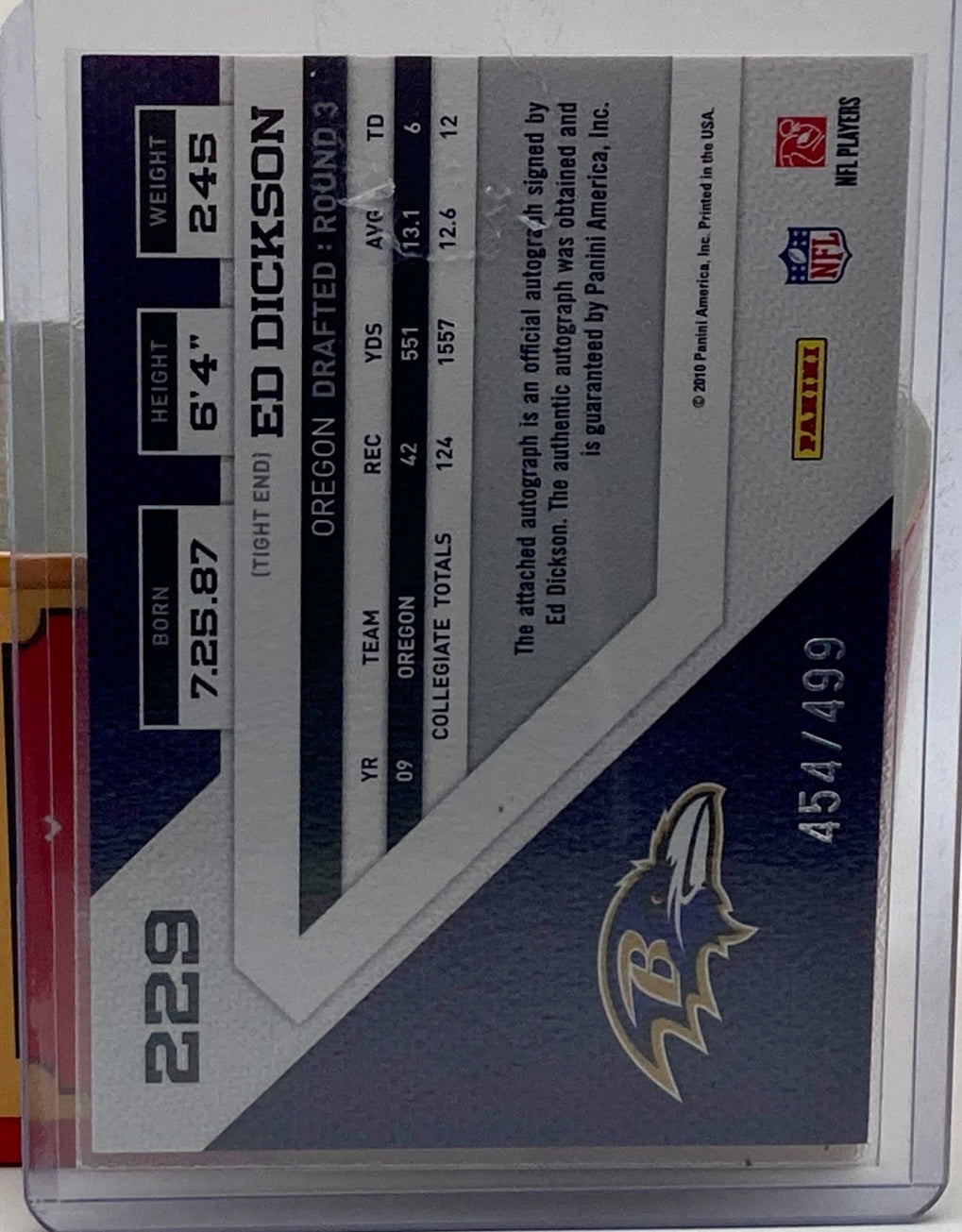 2010 Panini Threads Ed Dickson Autographed And Numbered.
