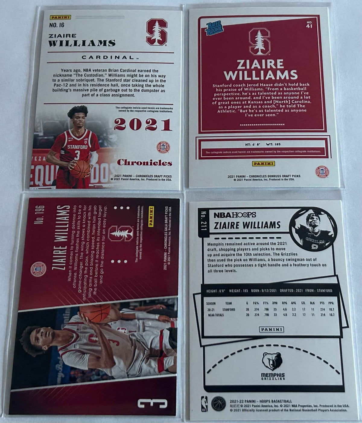 2021 Ziaire Williams Panini Four card lot with two Parallels
