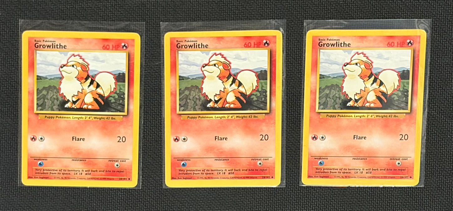 Growlithe - Base Set (BS) UnCommon 3 card lot LP