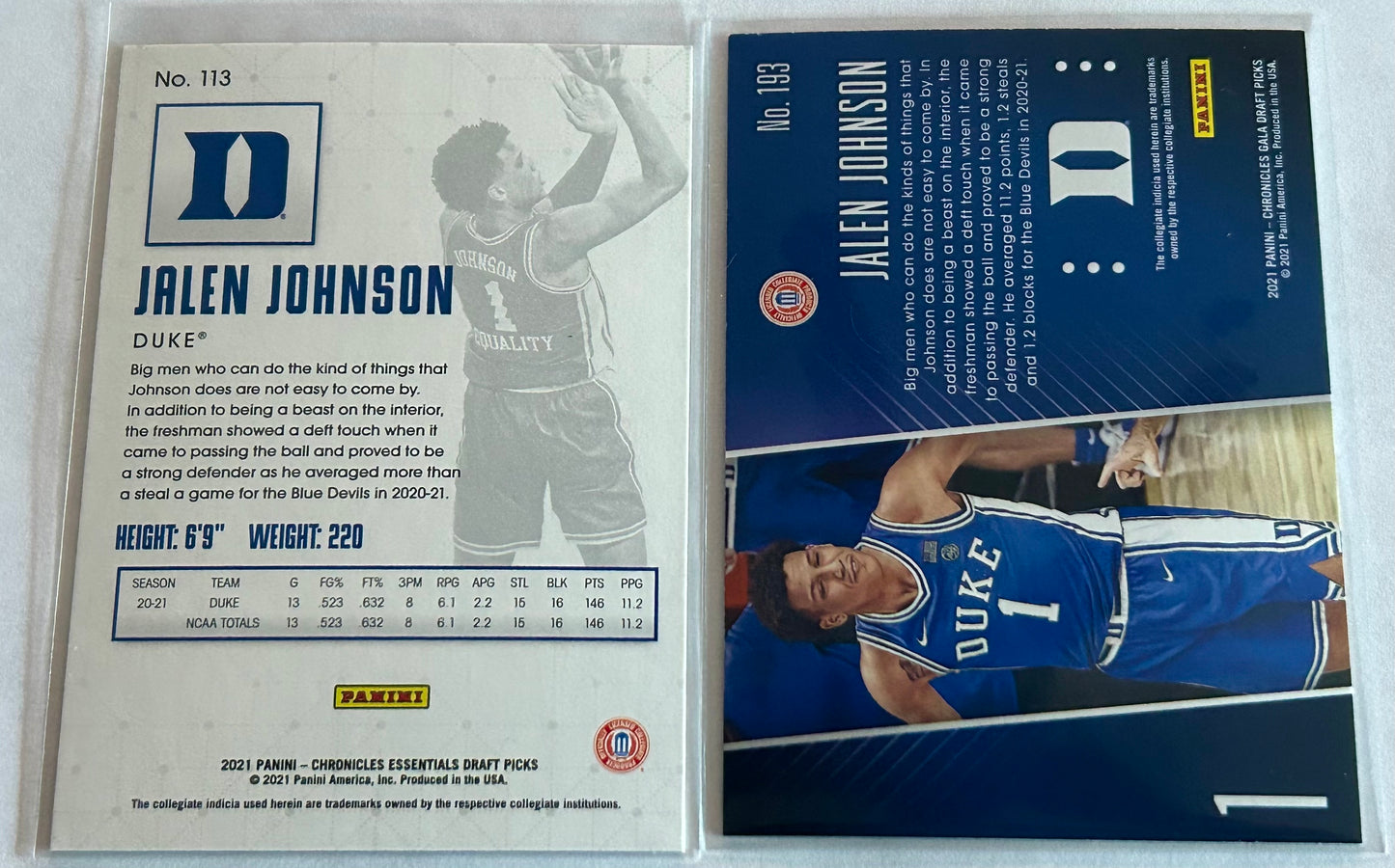 2021 Jalen Johnson Panini Two Card Rookie Bronze Parallel and Pink Parallel.