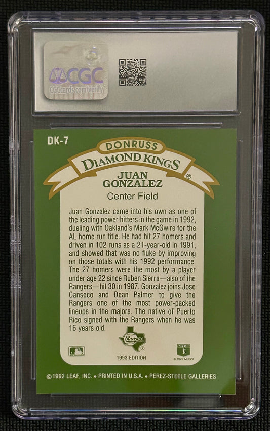 1993 Donruss Diamond Kings Juan Gonzalez Baseball Card – CGC 10