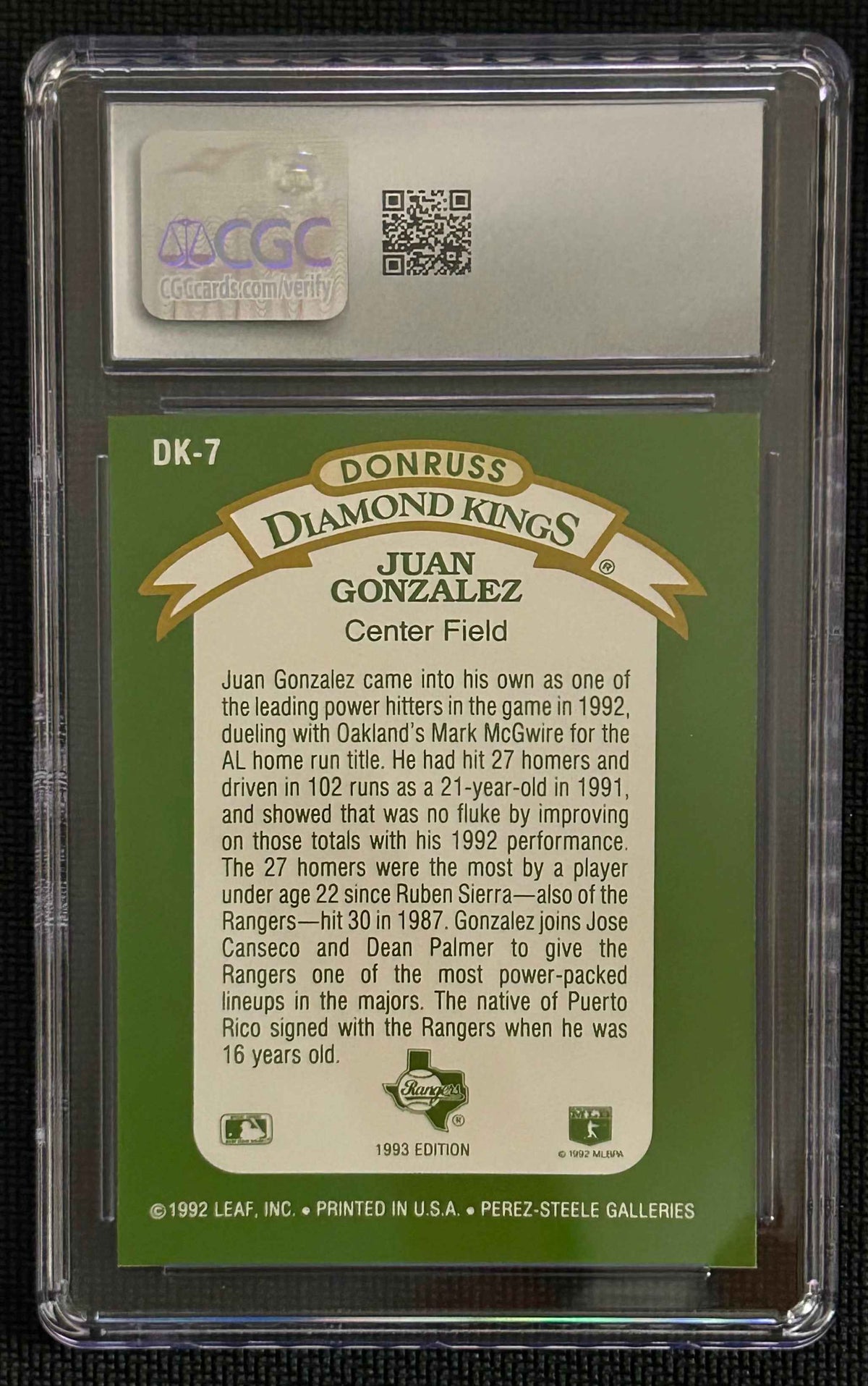 1993 Donruss Diamond Kings Juan Gonzalez Baseball Card Graded CGC 10