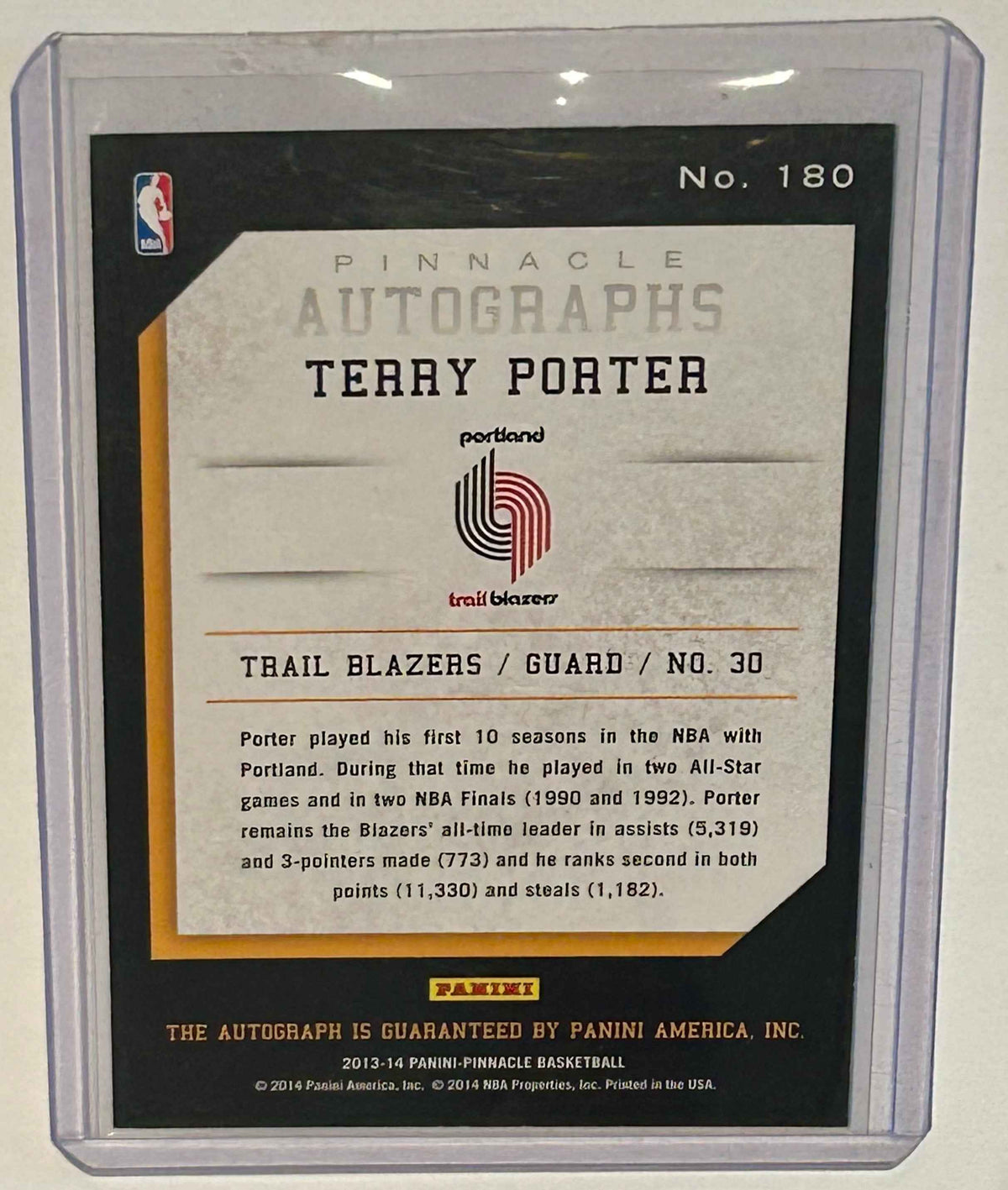 2013-14 Panini Pinnacle Autographs #180 Terry Porter Signed Basketball Card