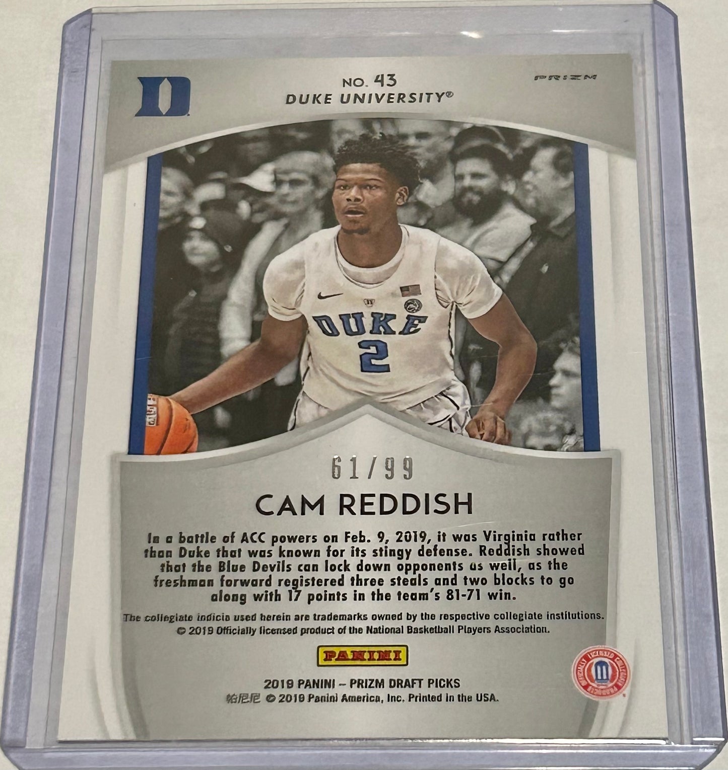 2019 Panini Prizm Draft Picks Cam Reddish Red, White and Blue Prizm Numbered Rookie Card