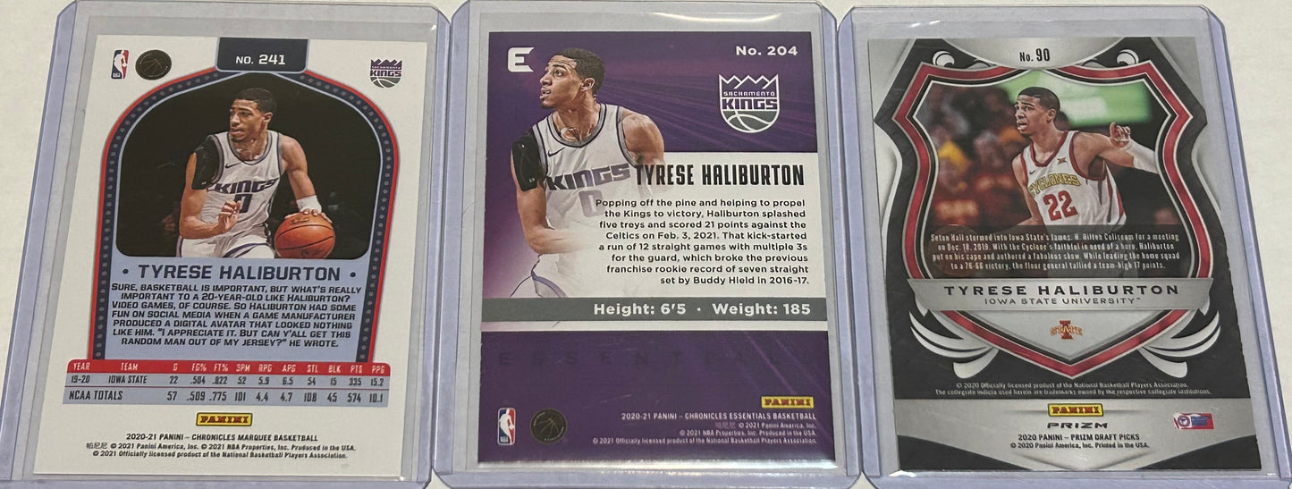 Tyrese Halliburton Panini Three Card Lot Including Two Parallels.