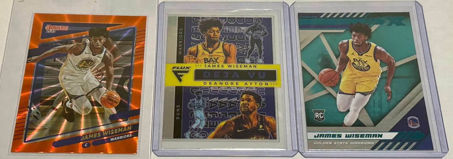 James Wiseman Three card lot with Rookie Card teal, and an orange pulsar parallel.