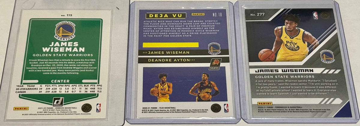 James Wiseman Three card lot with Rookie Card teal, and an orange pulsar parallel.