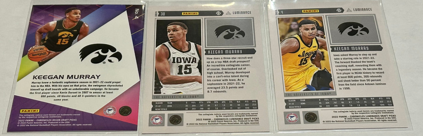 2022 Panini Keegan Murray Three card lot with Black Parallel and Rated Rookie Card
