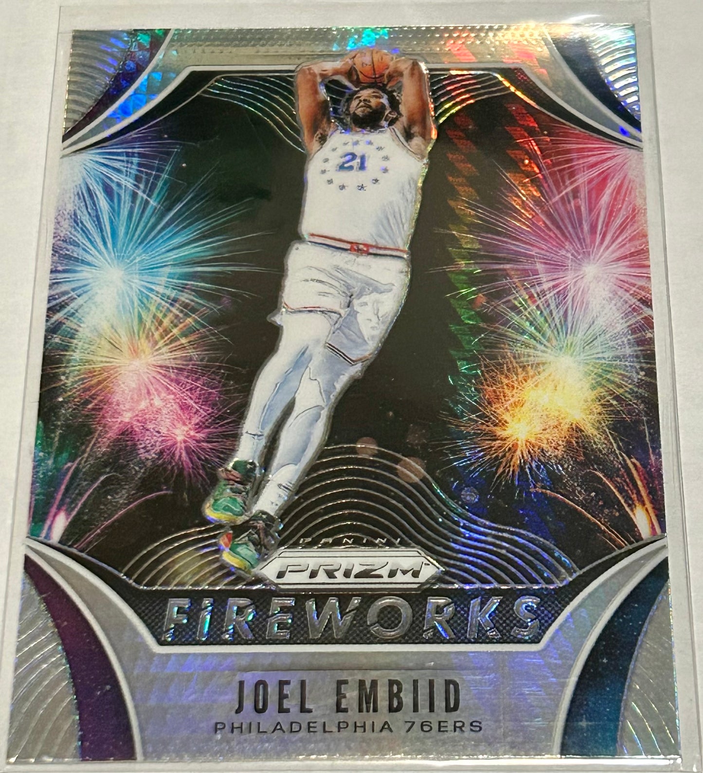2019-2020 Panini Prizm Philadelphia Sixers Joel Embiid Fireworks Hyper Prizm Parallel Card