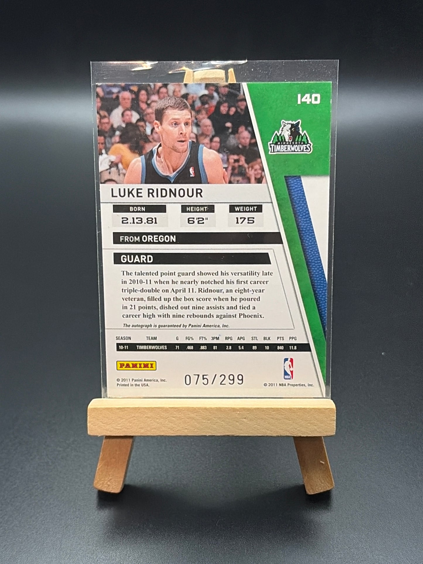 2010-11 Panini Season Update Luke Ridnour Autograph Card #140 Serial Numbered 75/299