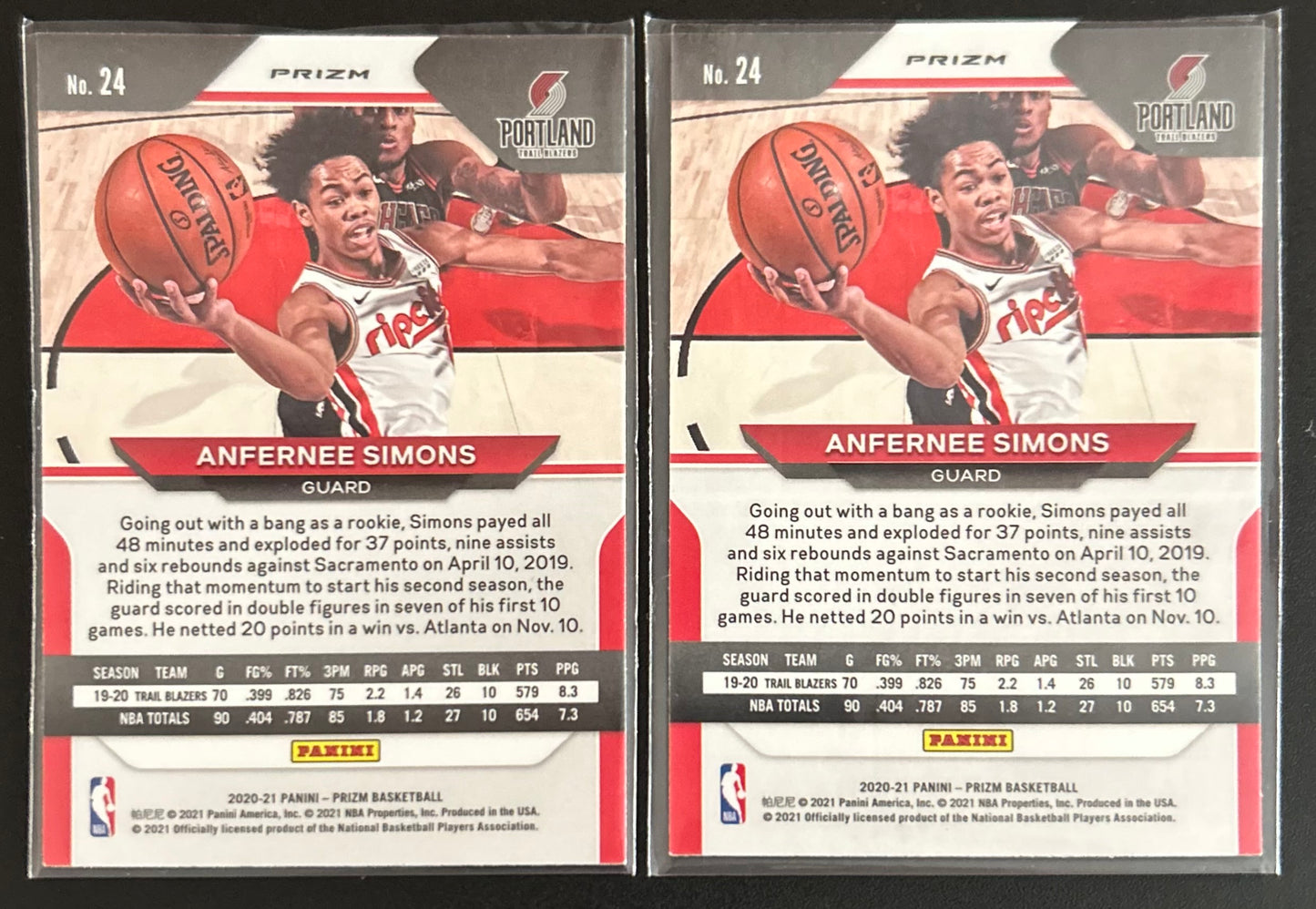 2020-2021 Panini Prizm Basketball Anfernee Simons 2 card parallel set