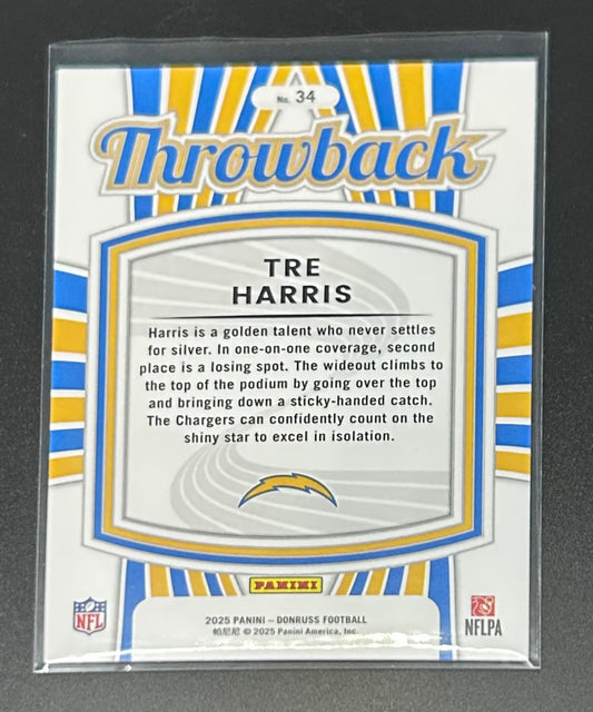 2025 Panini Donruss Rated Rookies Throwback Tre Harris #34 — Chargers Rookie Card