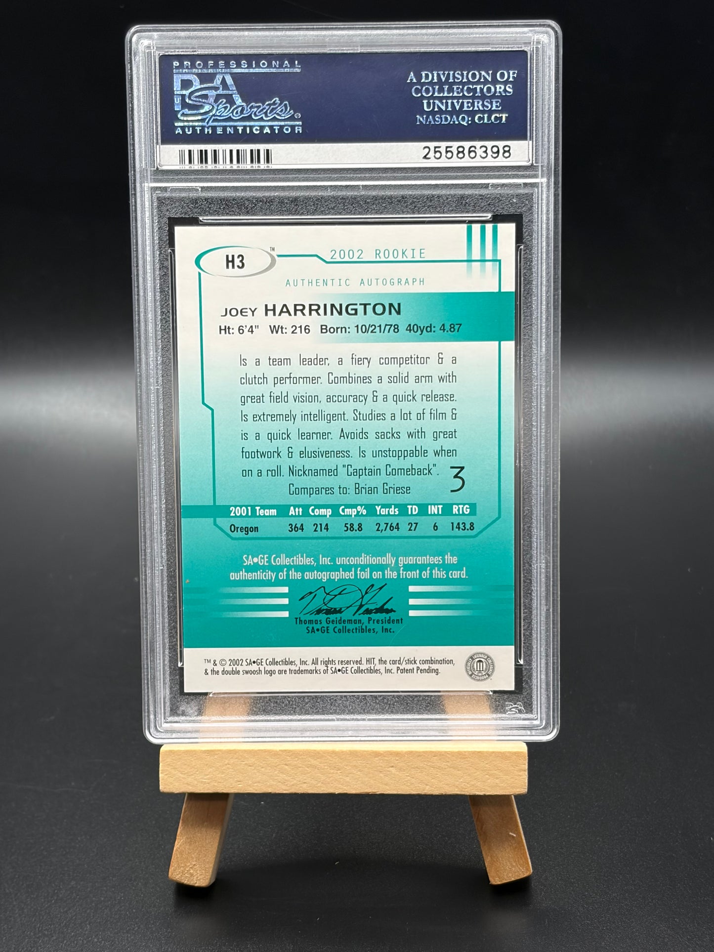 2002 Sage Joey Harrington Autographs Gold /250 PSA Graded 10