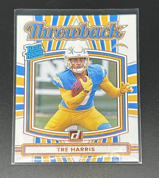 2025 Panini Donruss Rated Rookies Throwback Tre Harris #34 — Chargers Rookie Card