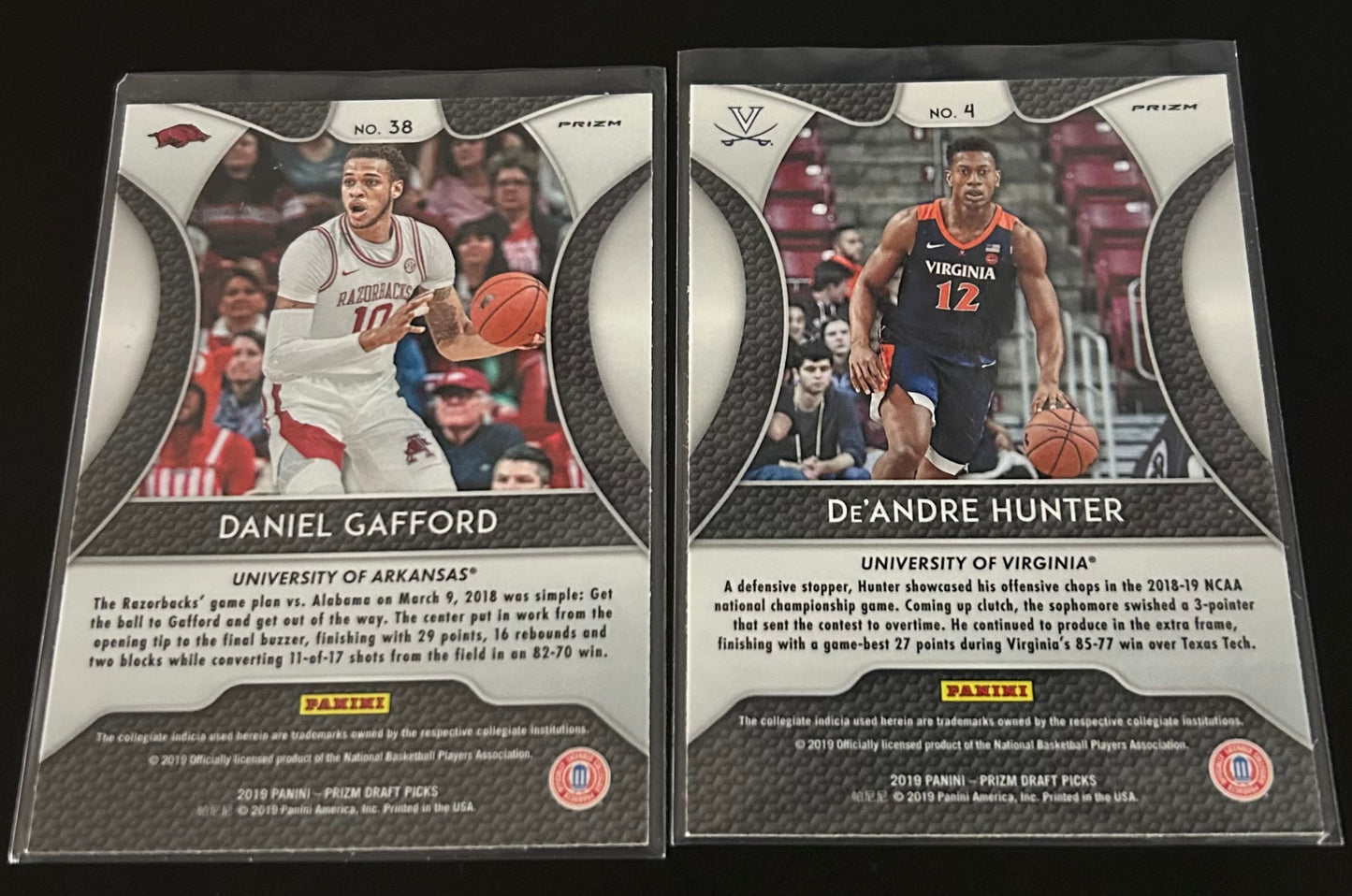 2019 Panini Prizm Draft Picks. Deandre Hunter and Daniel Gafford Purple Parallels.