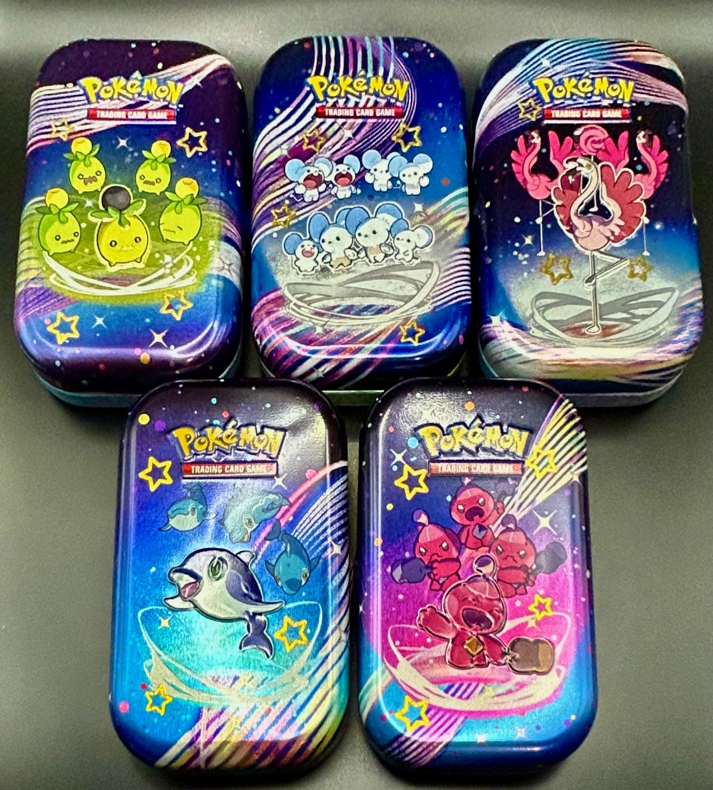 5 Paldean Fates Mini Tins with 71 cards including 4 special holo cards