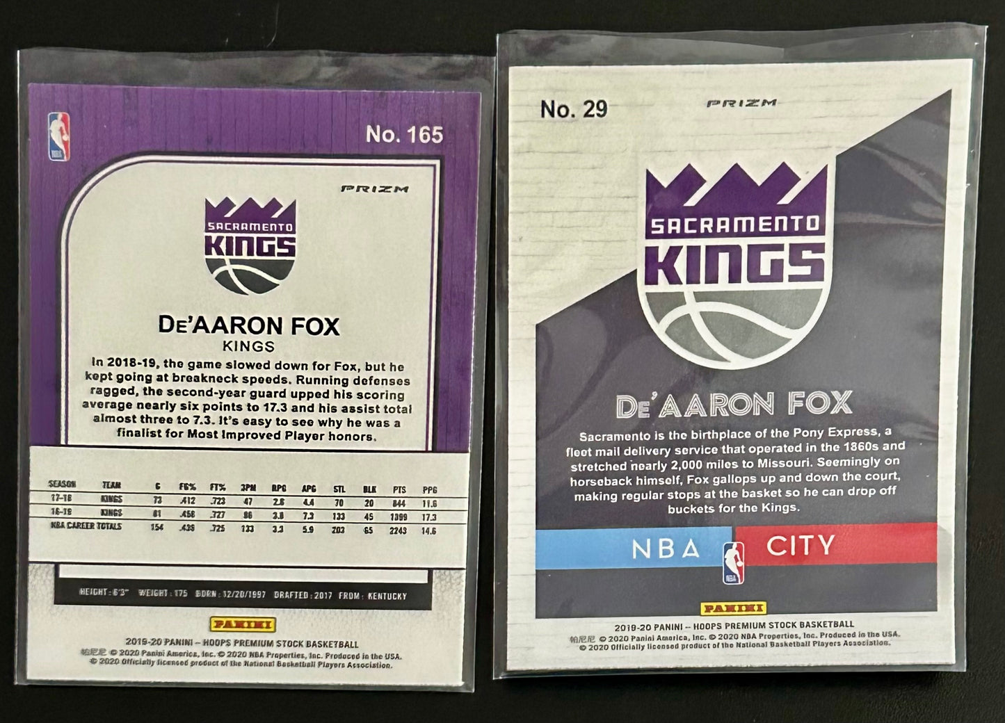 2019-2020 Panini Hoops Premium Stock Basketball De’Aaron Fox 2 card collection