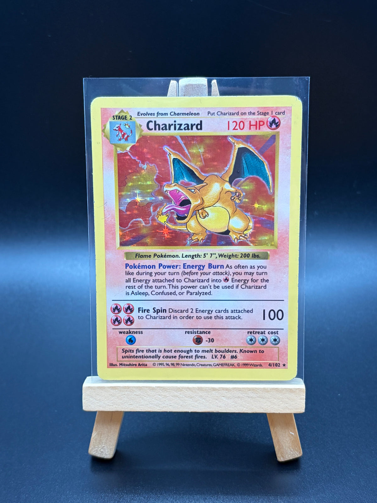 Charizard (004/102)- Base Set Shadowless (BS) Holo Rare Moderately Played. Cleaned using pokemastercenter hyper potion.