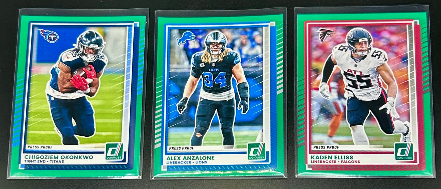 3× 2025 Panini Donruss Football Green Press Proof Cards – Rookie & Collectible Cards