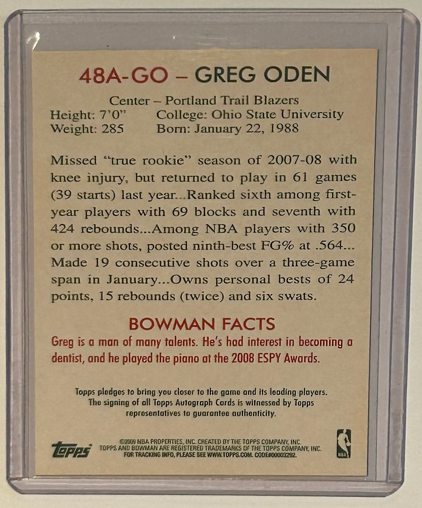 2009 Topps Bowman Certified Autograph Greg Oden